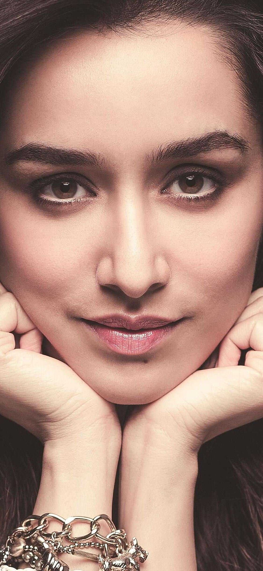 Close-up portrait of a woman with hands under chin wearing silver bracelets, shraddha kapoor closeup, #Shraddha Kapoor HD phone wallpaper