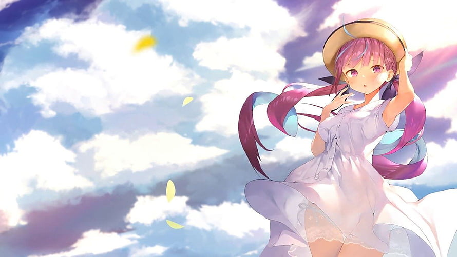 Anime Girl With Pink Hair And Straw Hat In White Dress Under Blue Sky HD wallpaper