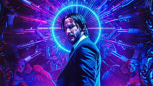 John Wick in a dark suit with a glowing neon halo surrounded by an arsenal of firearms and skulls HD wallpaper