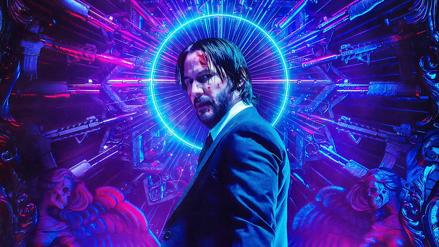 John Wick in a dark suit with a glowing neon halo surrounded by an arsenal of firearms and skulls HD wallpaper