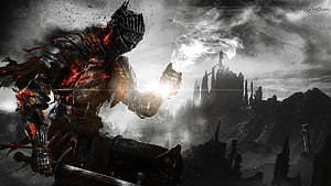 Dark Souls III Knight with Glowing Armor and Castle Silhouette HD wallpaper