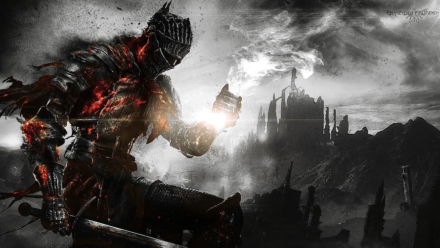 Dark Souls III Knight with Glowing Armor and Castle Silhouette HD wallpaper