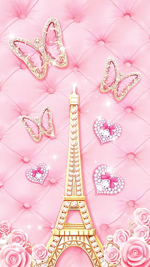 Pink Tufted Background With Gold Eiffel Tower, Crystal Butterflies, Hearts, and Roses HD phone wallpaper