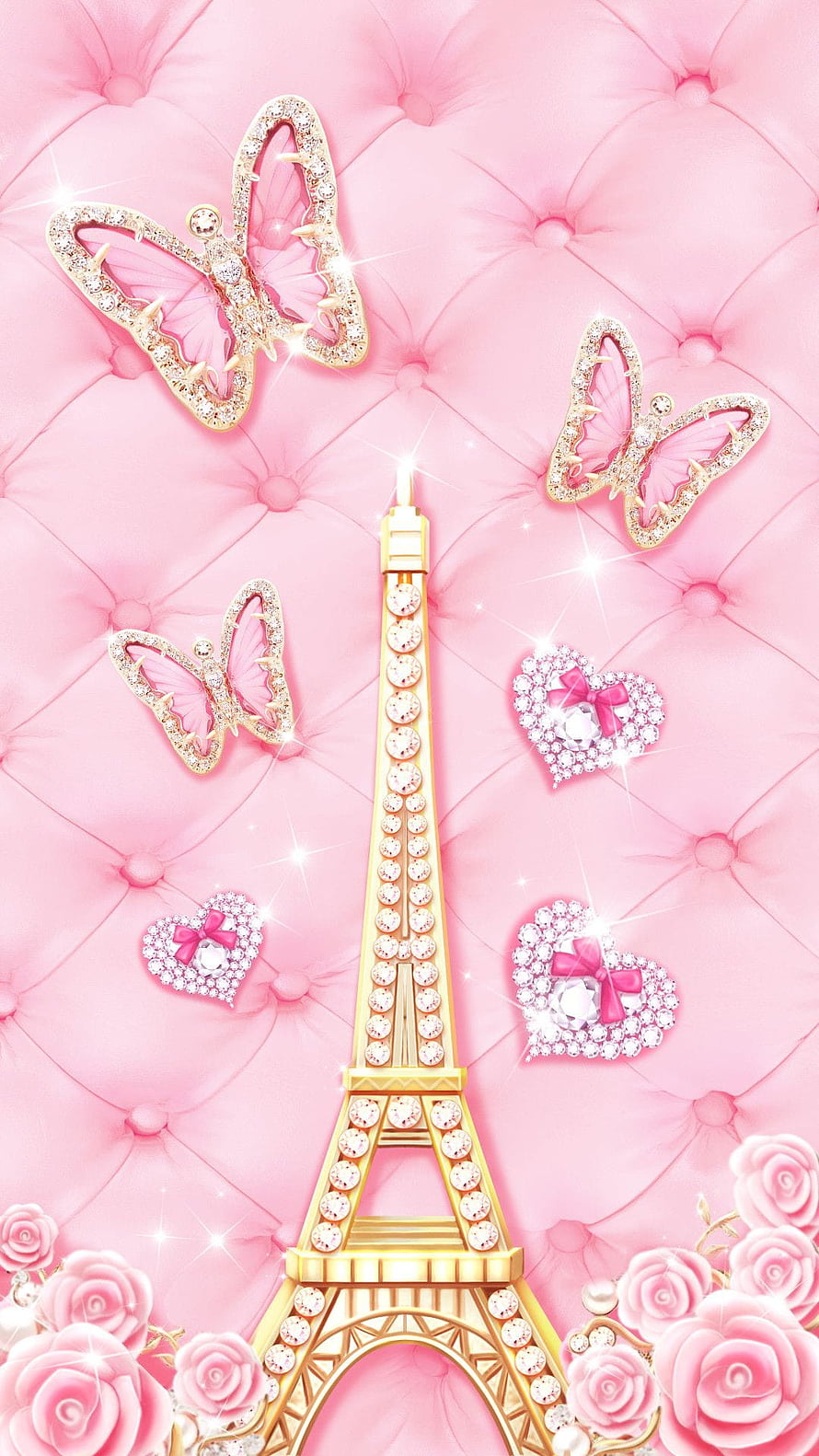Pink Tufted Background With Gold Eiffel Tower, Crystal Butterflies, Hearts, and Roses HD phone wallpaper