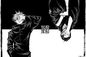 Jujutsu Kaisen Gojo Satoru and Sukuna Black and White Manga Panel HD wallpaper