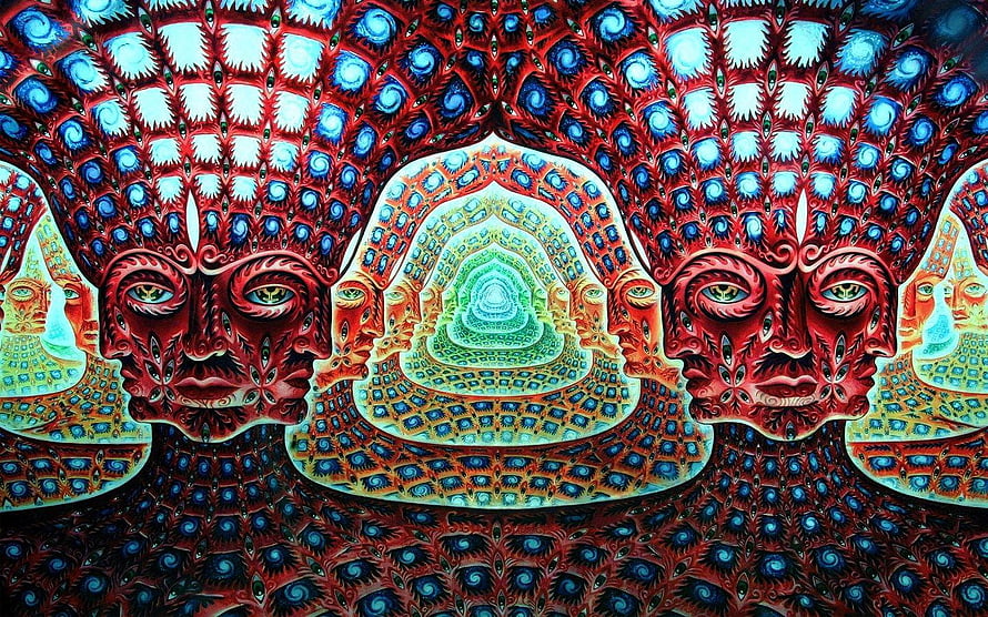 Tool Band Psychedelic Artwork with Symmetrical Faces and Intricate Geometric Patterns HD wallpaper