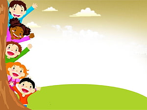Happy Diverse Children Peeking From Behind A Tree In A Sunny Meadow HD wallpaper