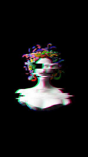 Glitch Art Portrait of Medusa with Serpentine Hair and RGB Distortion on Black Background HD phone wallpaper