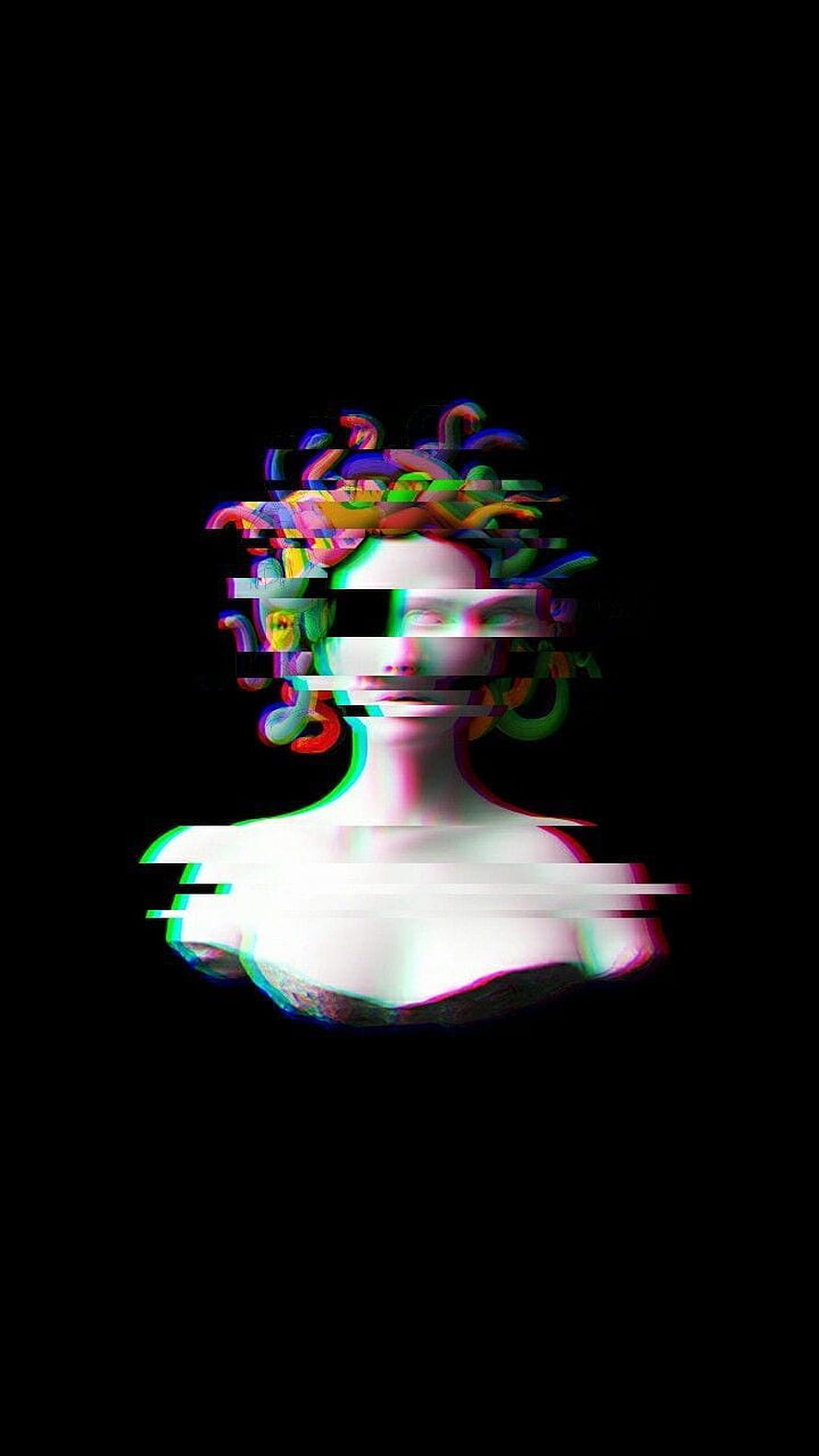 Glitch Art Portrait of Medusa with Serpentine Hair and RGB Distortion on Black Background HD phone wallpaper