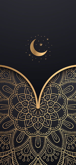 Elegant Islamic Mandala Pattern with Crescent Moon and Stars on Dark Background HD phone wallpaper