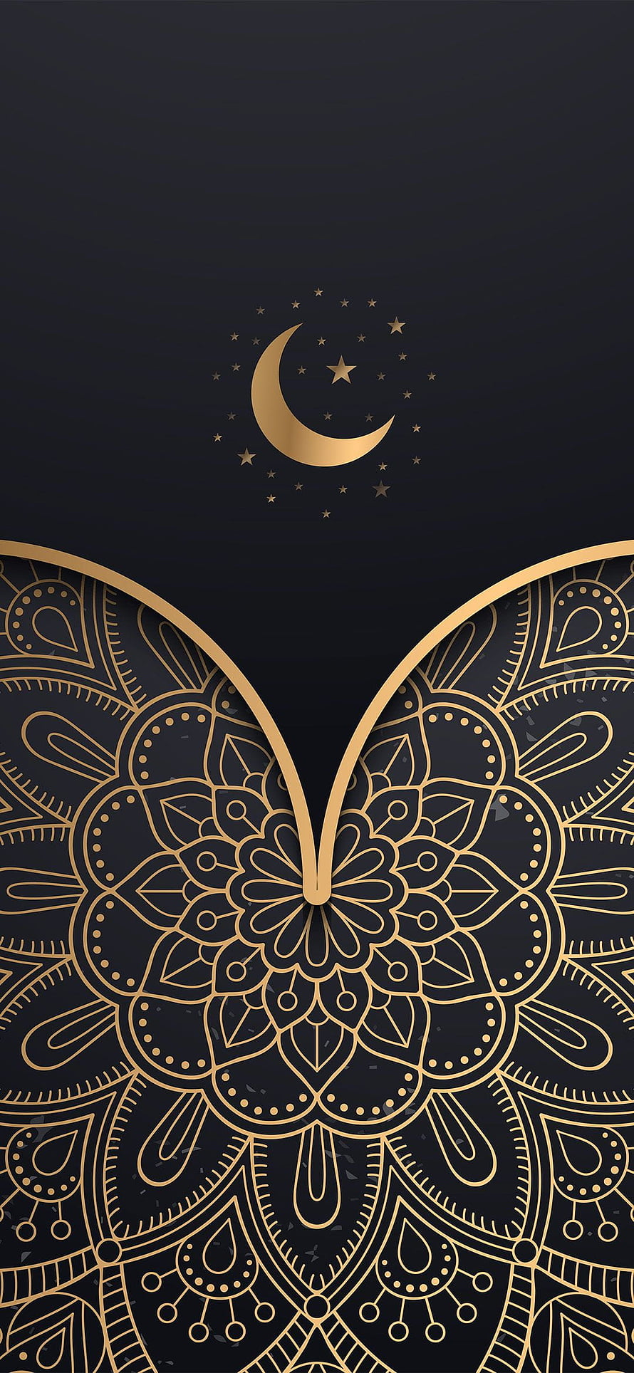 Elegant Islamic Mandala Pattern with Crescent Moon and Stars on Dark Background HD phone wallpaper