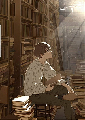 Anime Boy Sitting in a Sunlit Library Aisle Holding a Book HD phone wallpaper