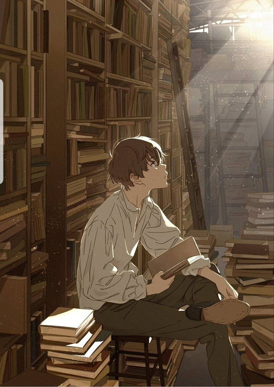 Anime Boy Sitting in a Sunlit Library Aisle Holding a Book HD phone wallpaper