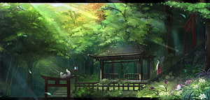Kikivi Miko in a Sunlit Japanese Forest Shrine with Torii Gate and Fox HD wallpaper