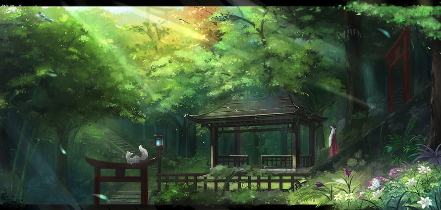 Kikivi Miko in a Sunlit Japanese Forest Shrine with Torii Gate and Fox HD wallpaper