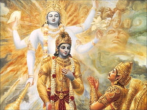 Lord Krishna and Arjuna in Divine Radiance for Gita Jayanti Celebration HD wallpaper