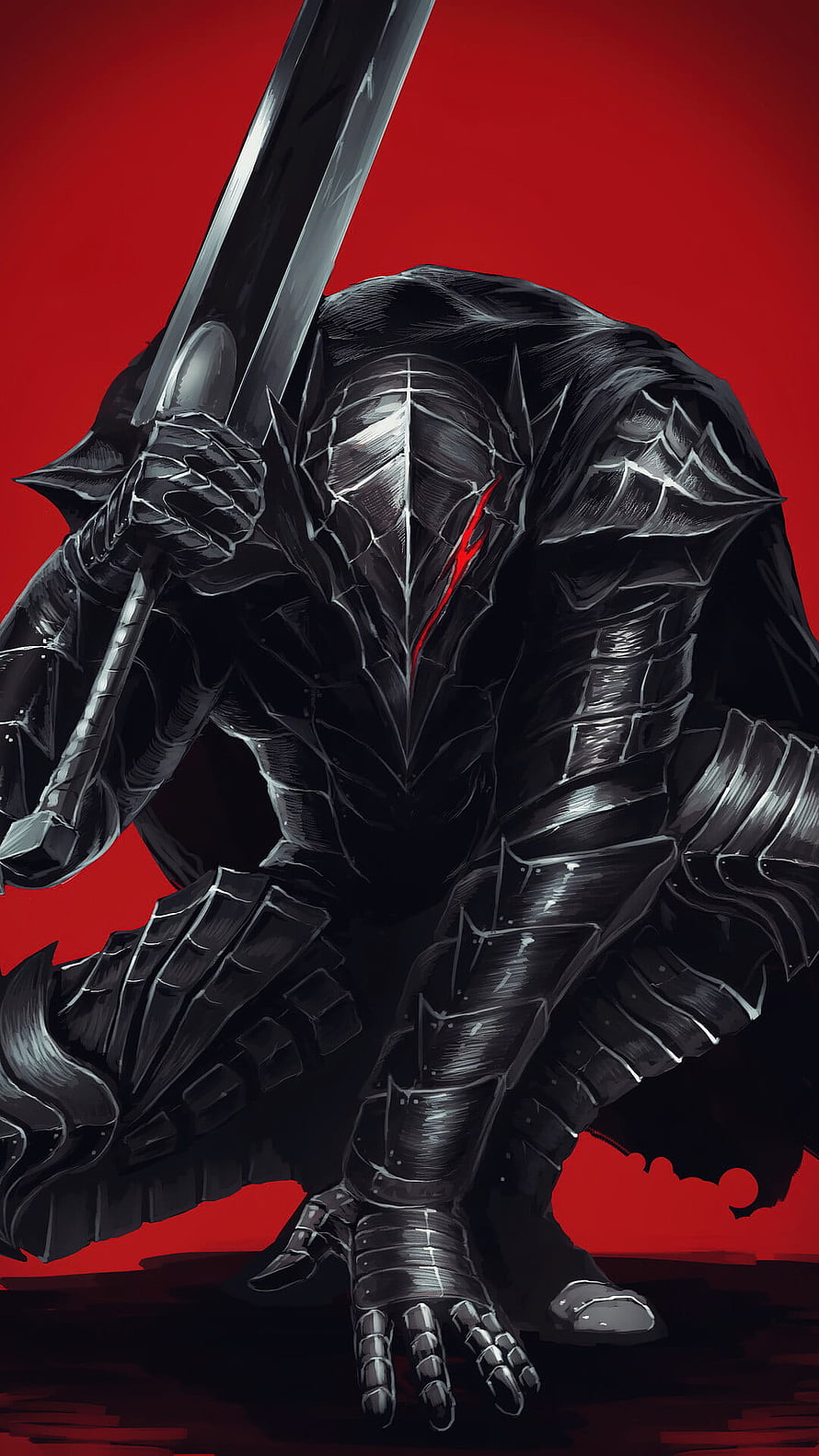 Dark Souls Knight Artwork, Black Armor Warrior with Greatsword on Red Background HD phone wallpaper