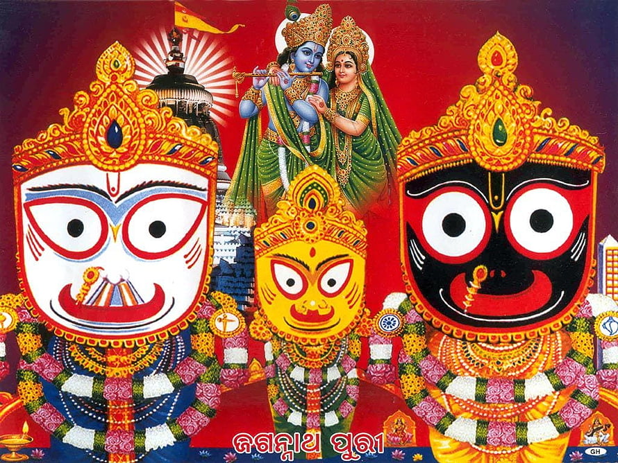 Lord Jagannath, Balabhadra, and Subhadra with the Puri Temple and Odia script HD wallpaper