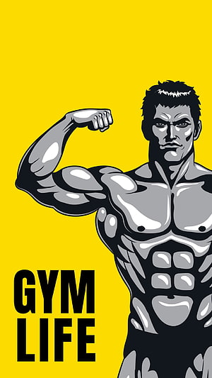 Muscular Man Flexing Bicep On Yellow Background Gym Life Illustration, Gym Body, bodybuilding cartoon HD phone wallpaper