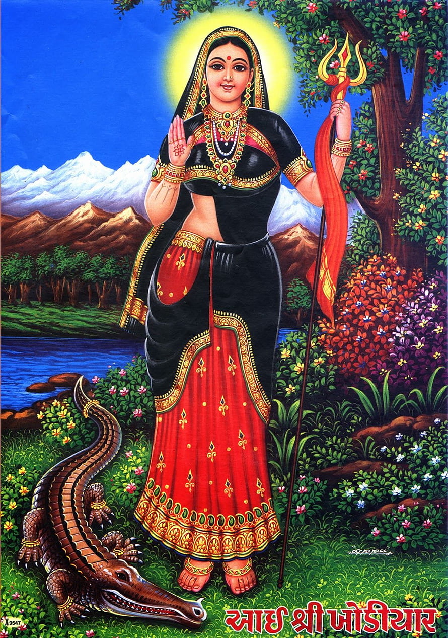 Goddess Durga with Trishul and Crocodile in Traditional Indian Art Style HD phone wallpaper