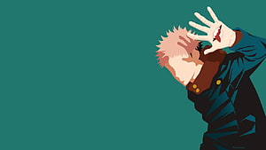 Yuji Itadori from Jujutsu Kaisen anime character illustration with cursed spirit hand on teal background HD wallpaper