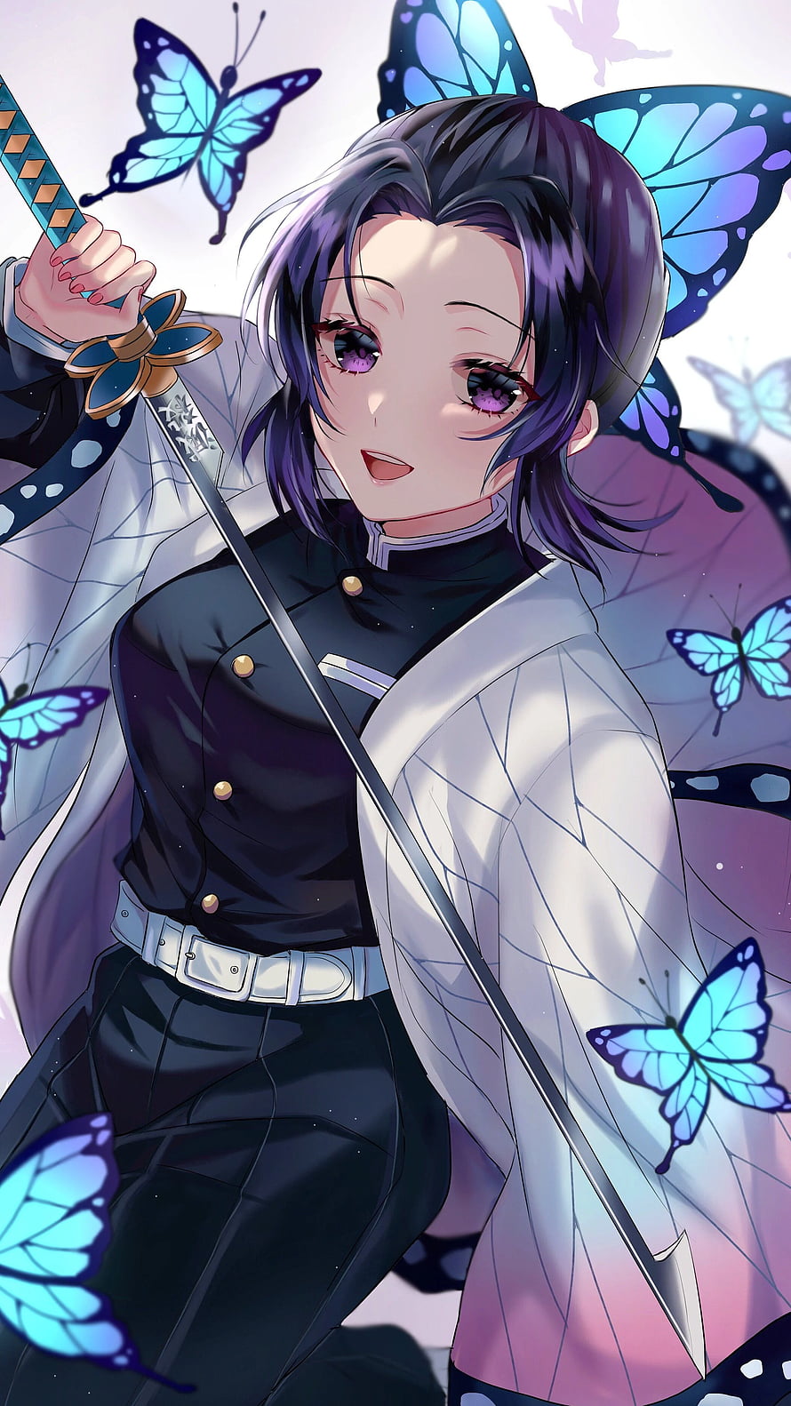 Shinobu Kocho from Demon Slayer in Demon Slayer uniform with katana and glowing blue butterflies HD phone wallpaper