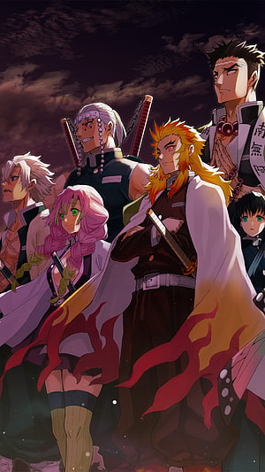 Demon Slayer Hashira Group Portrait with Flame and Water Breathing Styles HD phone wallpaper