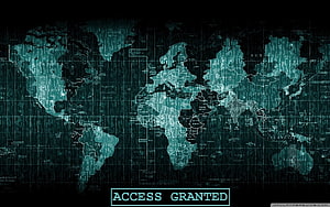 Digital World Map with Matrix Code and Access Granted Text HD wallpaper