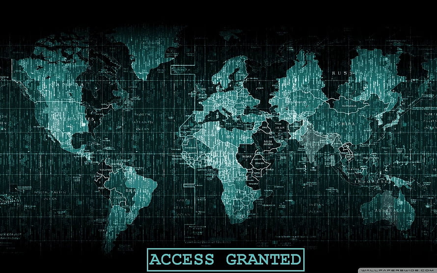 Digital World Map with Matrix Code and Access Granted Text HD wallpaper
