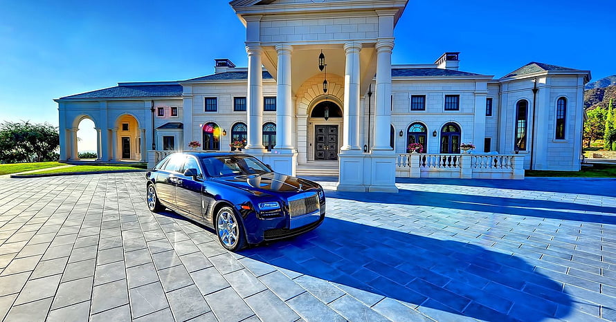 Blue Rolls-Royce Ghost Parked in Front of a Grand White Mansion with Columns, 2 Luxury Homes, billionaire mansions HD wallpaper