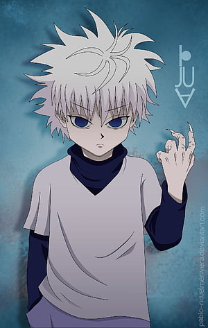 Killua Zoldyck Anime Character Portrait with White Spiky Hair and Blue Eyes HD phone wallpaper