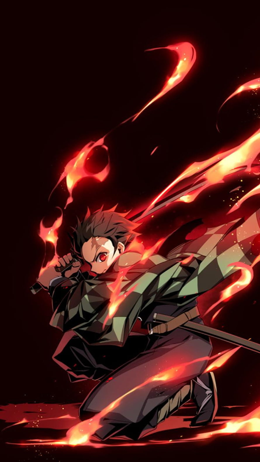 Tanjiro Kamado Wielding Flame Breathing in Demon Slayer Anime Artwork HD phone wallpaper
