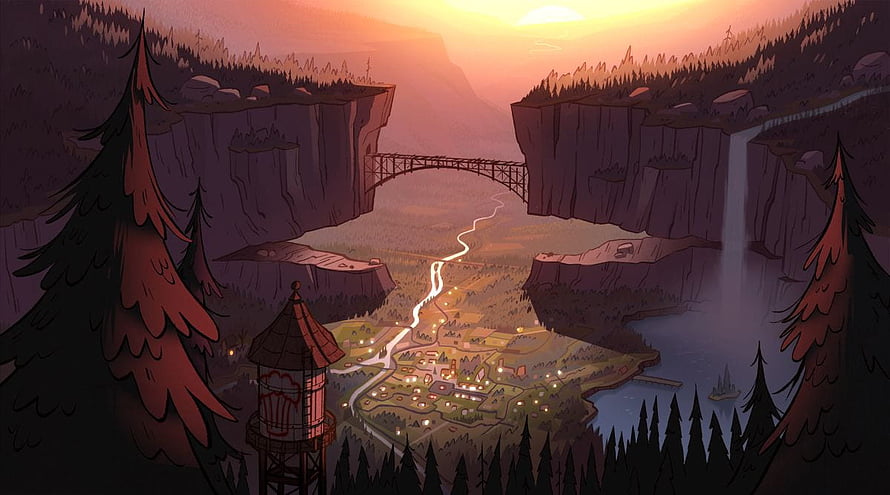 Gravity Falls Animated Landscape with Suspension Bridge and Forested Valley at Sunset HD wallpaper