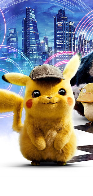 Detective Pikachu in a Herringbone Cap with a Futuristic City Skyline and Neon Lights HD phone wallpaper