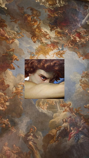 Classical Baroque Ceiling Fresco With Angels And A Central Portrait Of A Crying Figure HD phone wallpaper
