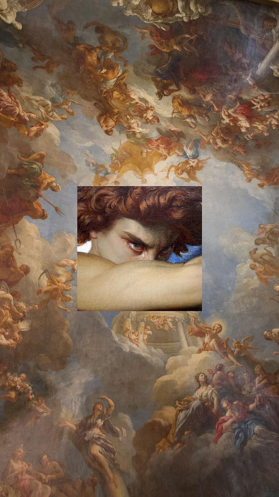 Classical Baroque Ceiling Fresco With Angels And A Central Portrait Of A Crying Figure HD phone wallpaper