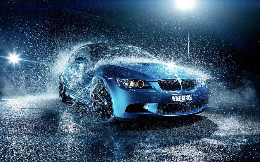 Blue BMW M3 Coupe Driving Through Water Splash at Night HD wallpaper