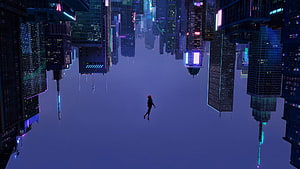 Miles Morales Falling Through a Neon-Lit Cyberpunk Cityscape HD wallpaper