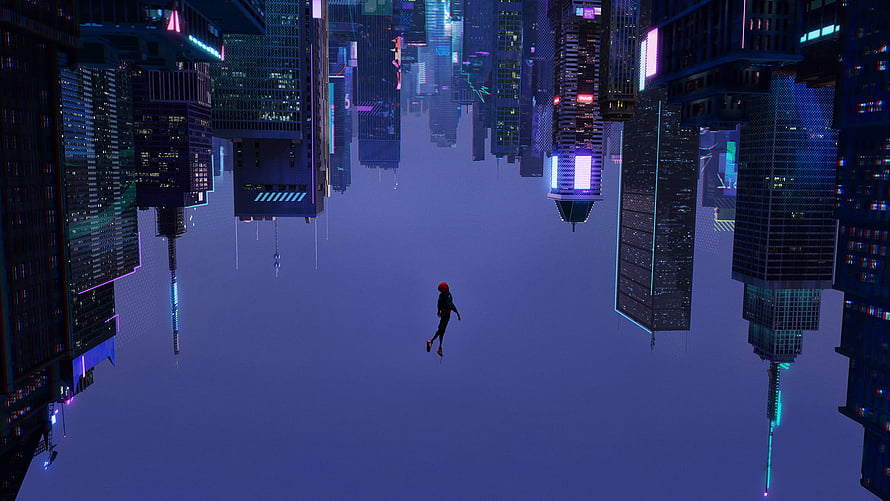 Miles Morales Falling Through a Neon-Lit Cyberpunk Cityscape HD wallpaper