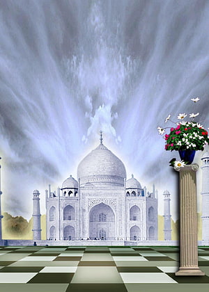 Taj Mahal Digital Art with Floral Column and Checkered Floor HD phone wallpaper