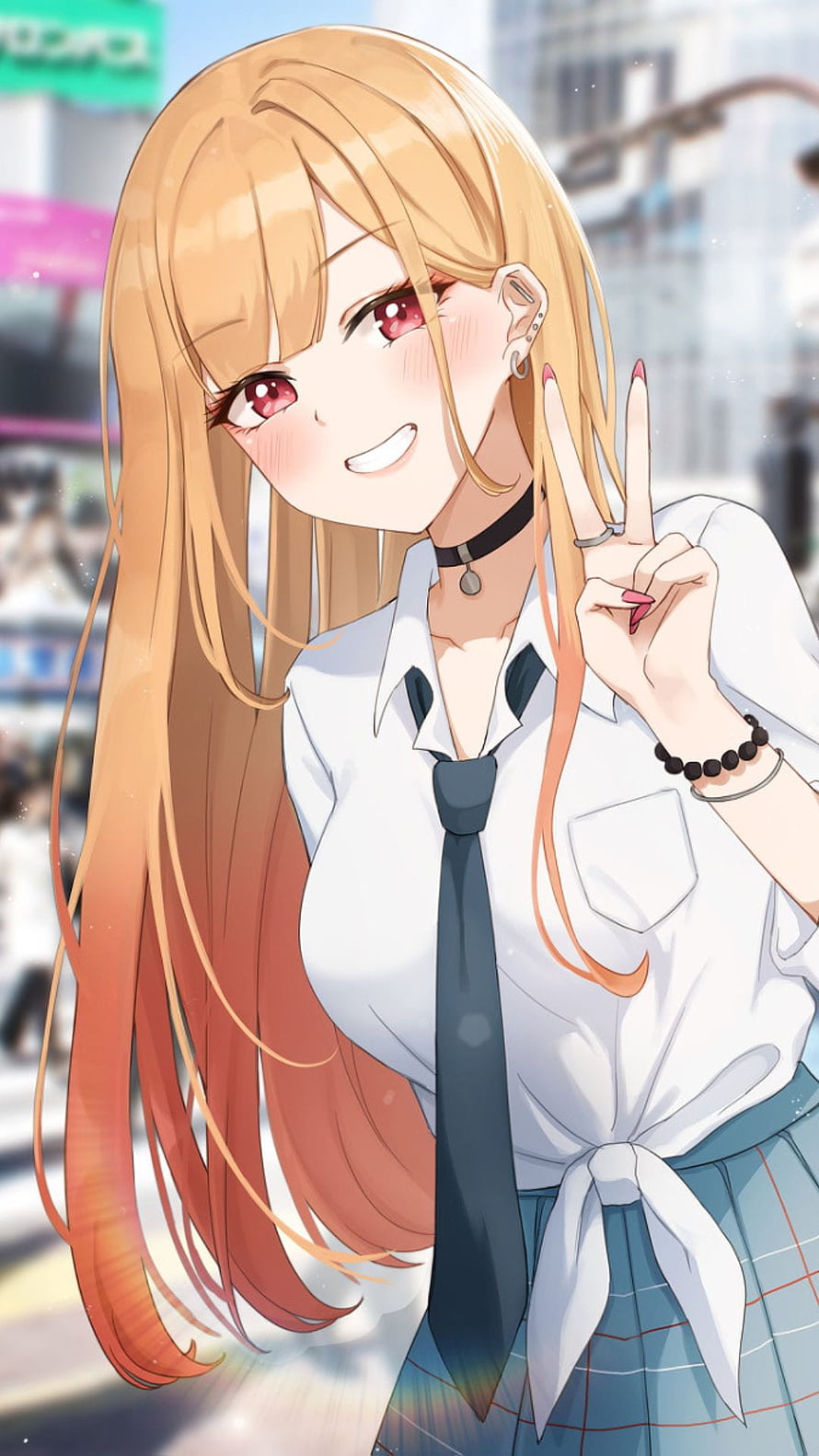 Anime Girl With Long Blonde Hair And Red Eyes Wearing School Uniform HD phone wallpaper