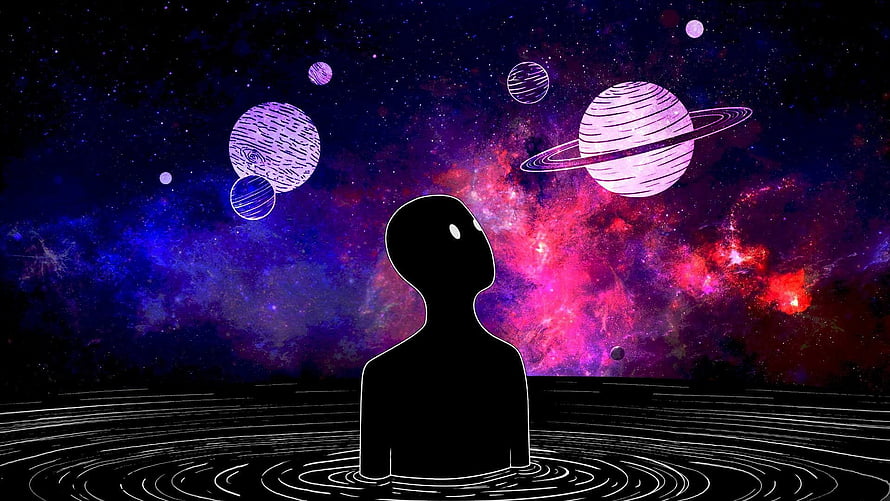 Silhouette Gazing at Vibrant Nebula and Ringed Planets in Deep Space HD wallpaper