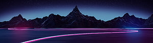 Neon Light Trails Across a Dark Mountain Landscape Under a Starry Night Sky HD wallpaper