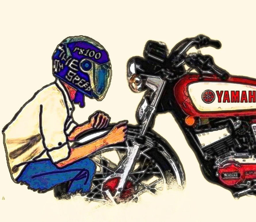 Hand-drawn illustration of a rider working on a classic red Yamaha RX100 motorcycle HD wallpaper