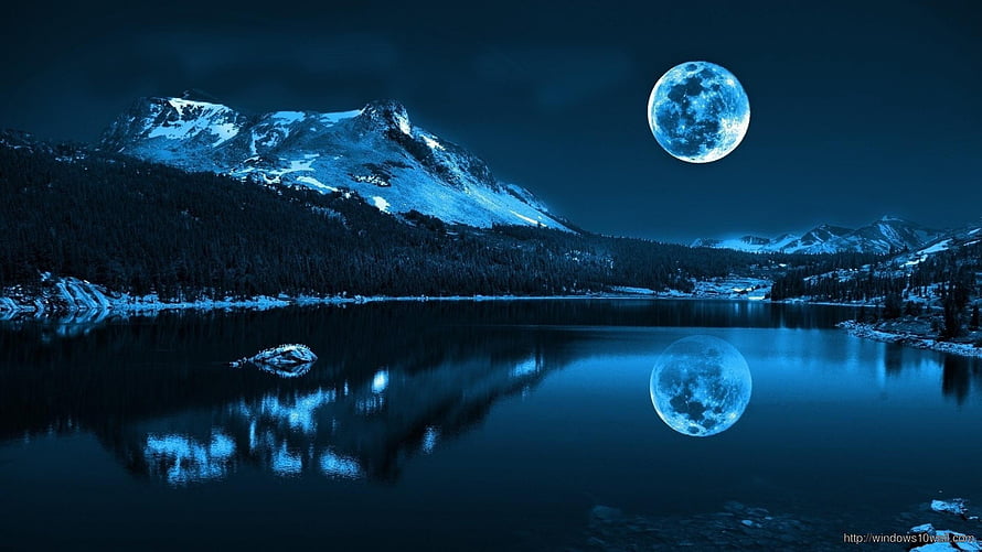 Serene Night Landscape with Giant Blue Moon Reflecting in Mountain Lake HD wallpaper