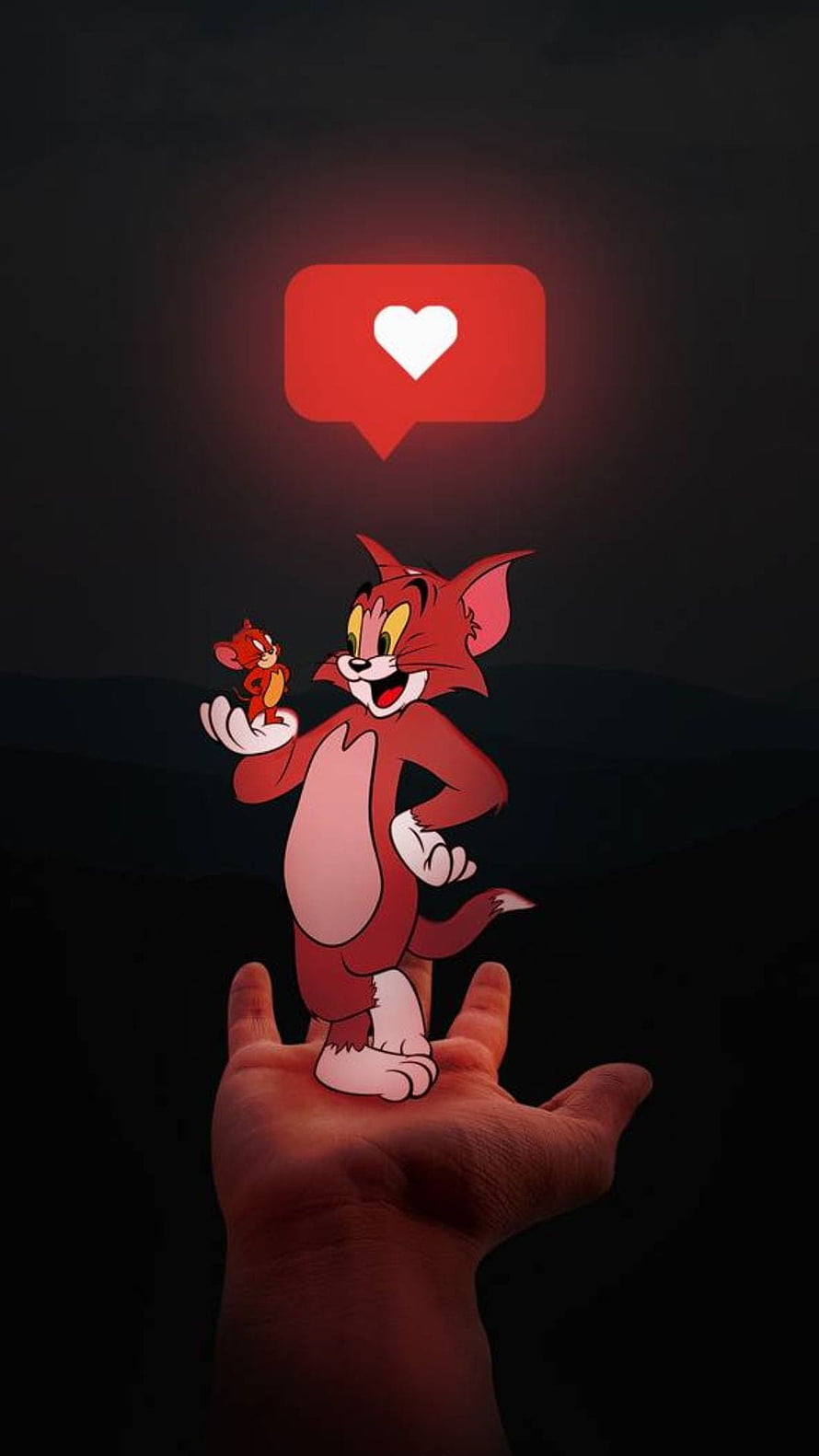 Tom and Jerry Cartoon Characters on a Human Hand with a Glowing Heart Icon Against a Dark Background, 65 ᐈ Tom and Jerry { & }, #tom and jerry HD phone wallpaper