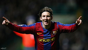Lionel Messi Celebrating in Classic FC Barcelona Home Kit with Unicef Sponsor HD wallpaper