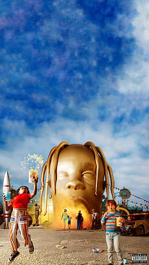 Travis Scott Astroworld Album Cover Artwork with Golden Statue and Kids HD phone wallpaper