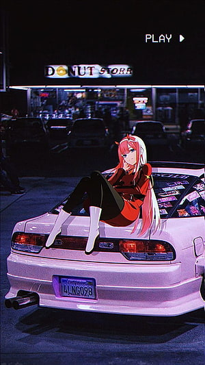 Anime girl with pink hair sitting on a white JDM drift car at night in front of a donut shop HD phone wallpaper