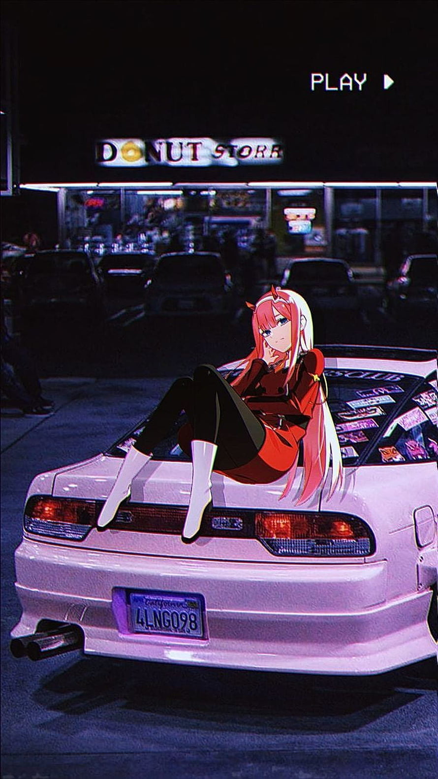 Anime girl with pink hair sitting on a white JDM drift car at night in front of a donut shop HD phone wallpaper